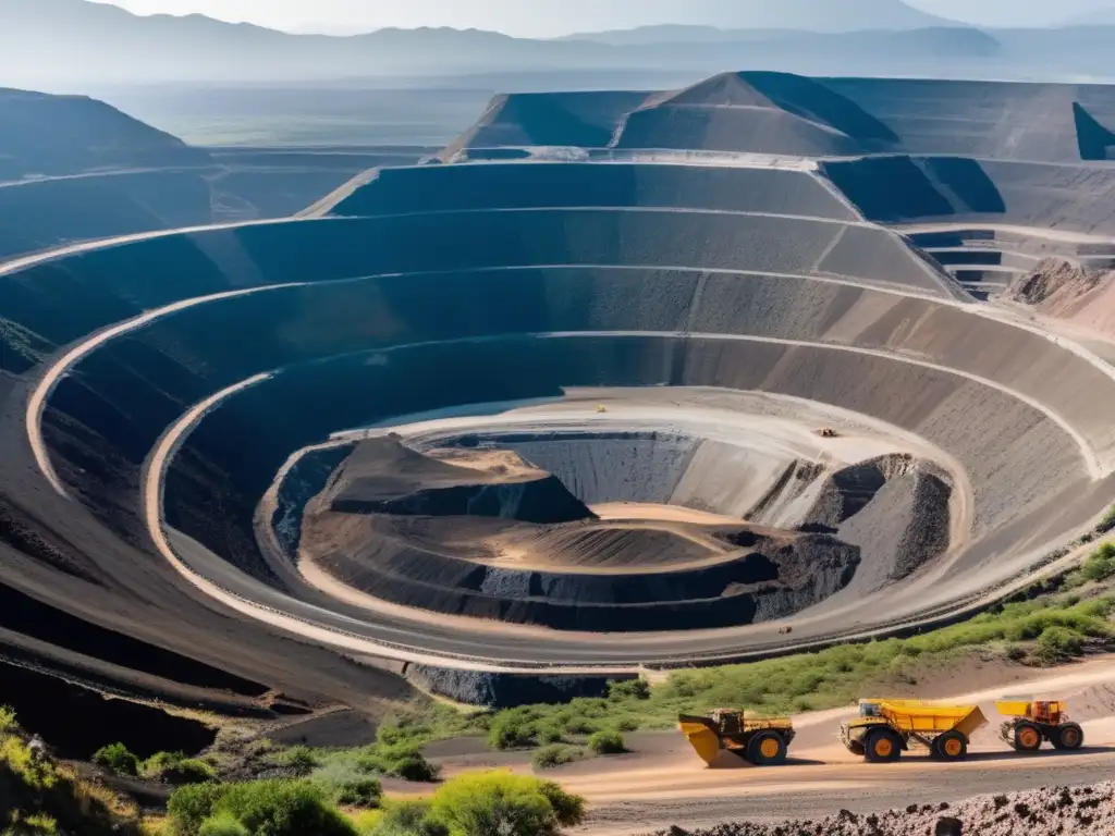 Paisaje mexicano con mina moderna y restos de minería precolombina, destacando influencia azteca