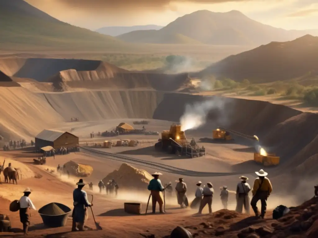 Impacto ambiental de la colonización minera: escena colonial de minería con trabajadores y paisaje