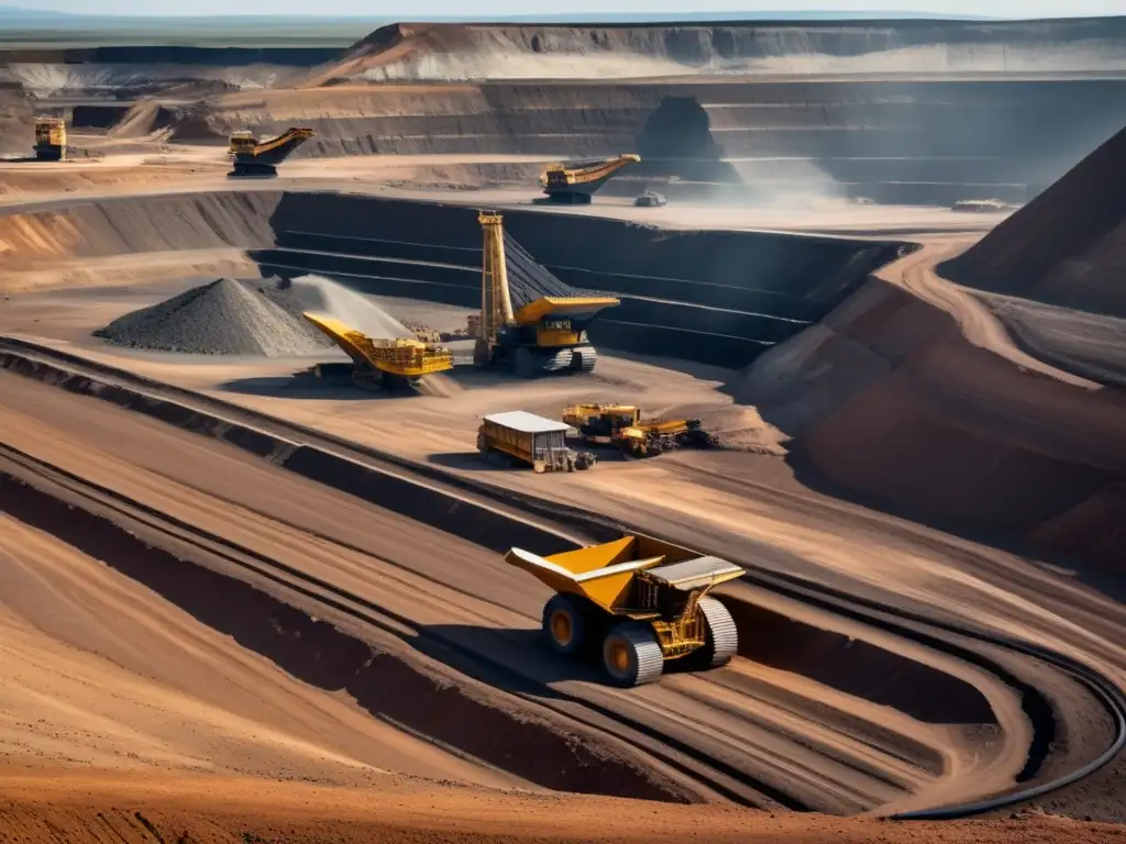 Impacto colonización leyes mineras: imagen mina a cielo abierto, maquinaria gigante, contraste naturaleza y extracción recursos, influencia colonial