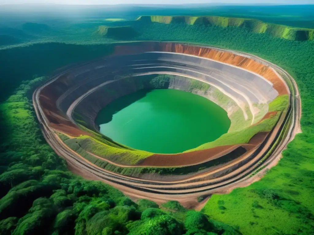 Contraste entre mina y selva: comercio justo y conservación Minería sostenible y recursos naturales: vista aérea impresionante de una mina a cielo abierto rodeada de una exuberante selva biodiversa