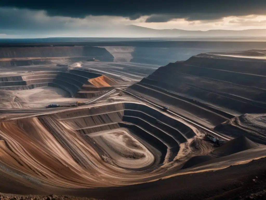 Problemas ambientales en la minería: impacto visual y ambiental de una mina a cielo abierto, con camiones gigantes y activistas preocupados