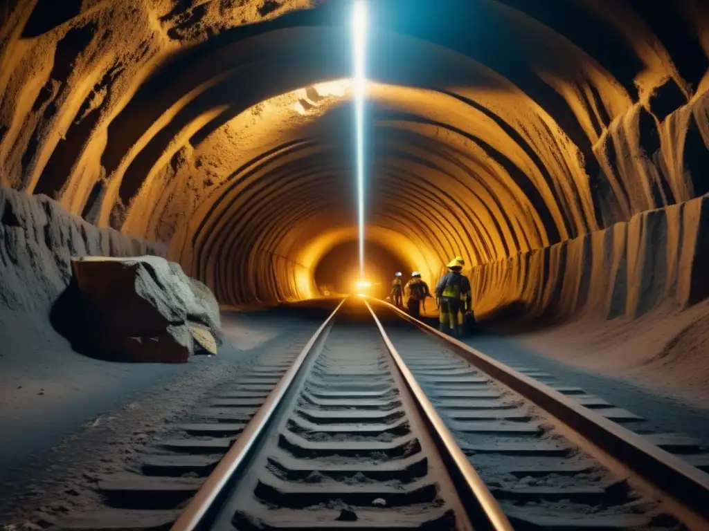 Prevención de asbestosis en mineros: Túnel de mina de asbestos, mineros con equipo de protección realizando tareas mineras