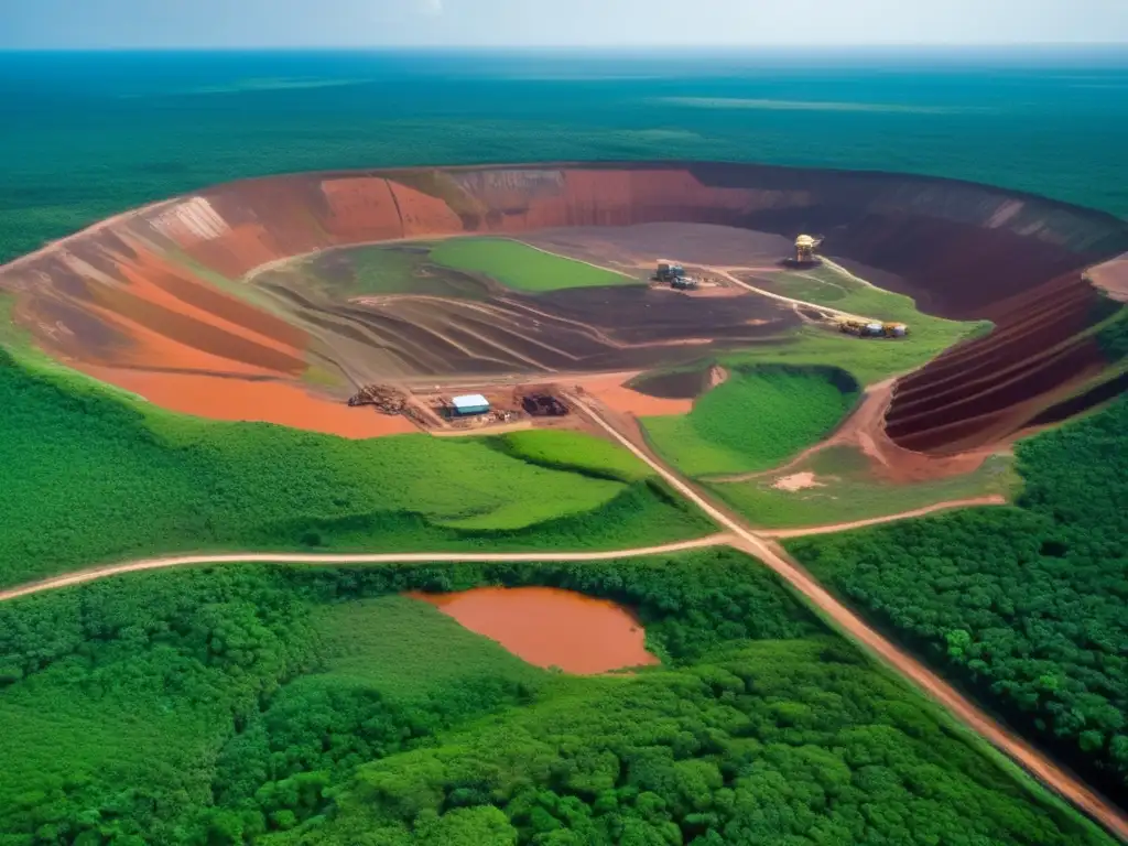 Impacto de la minería de bauxita en Guyana: paisaje vasto con mina de bauxita a cielo abierto, vegetación densa y operaciones mineras