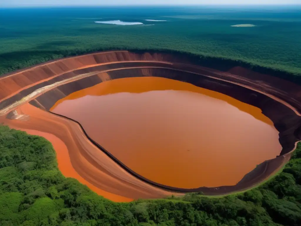 Impacto de la minería de bauxita en Guyana: Mina abierta rodeada de selva, con indígenas en protesta