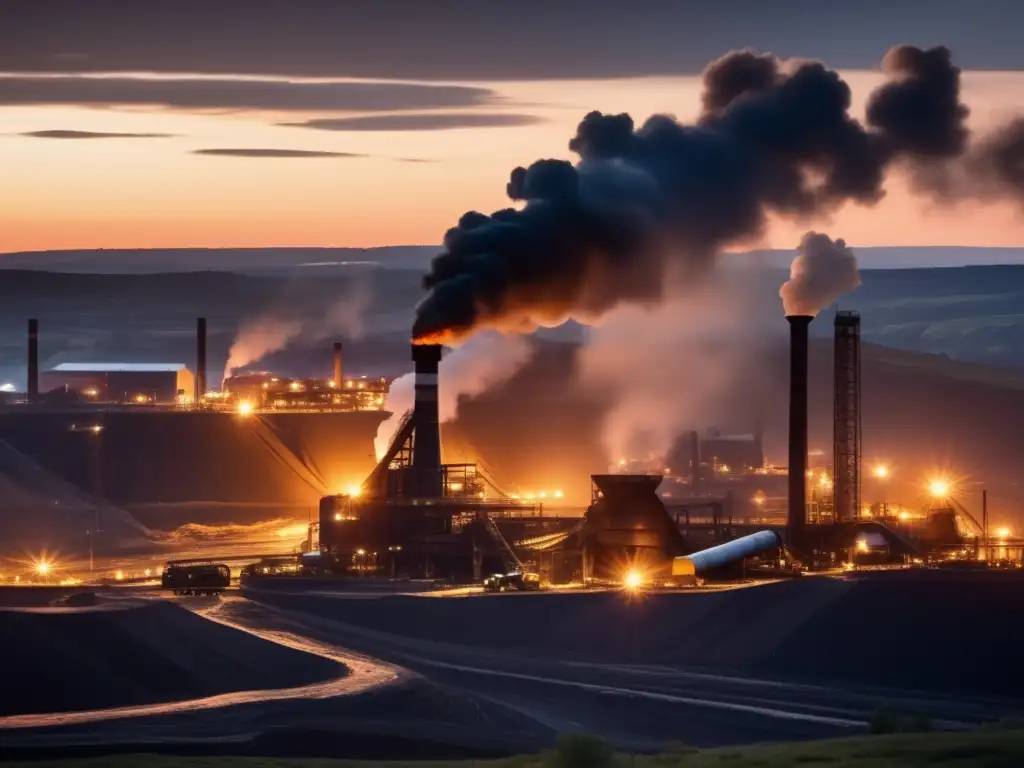 Impacto de la minería en la salud ósea: paisaje industrial nocturno con maquinaria, chimeneas humeantes y terreno rugoso