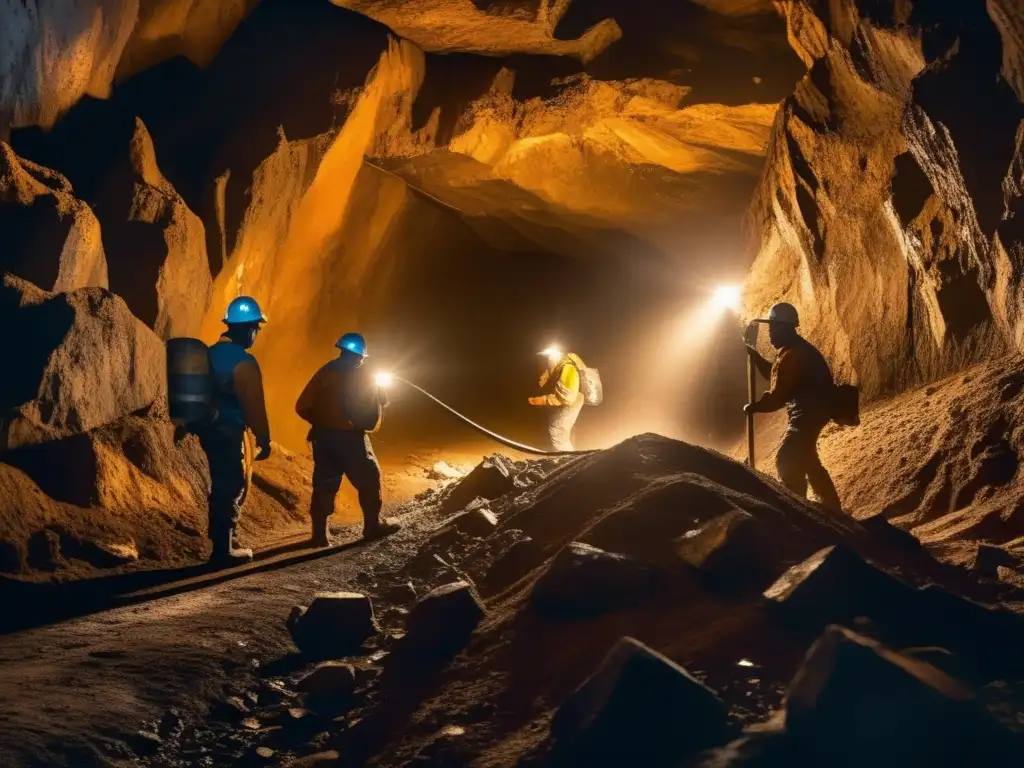 Mineros trabajan en túnel de mina subterránea, mostrando minerales de conflicto y la necesidad de prácticas sostenibles