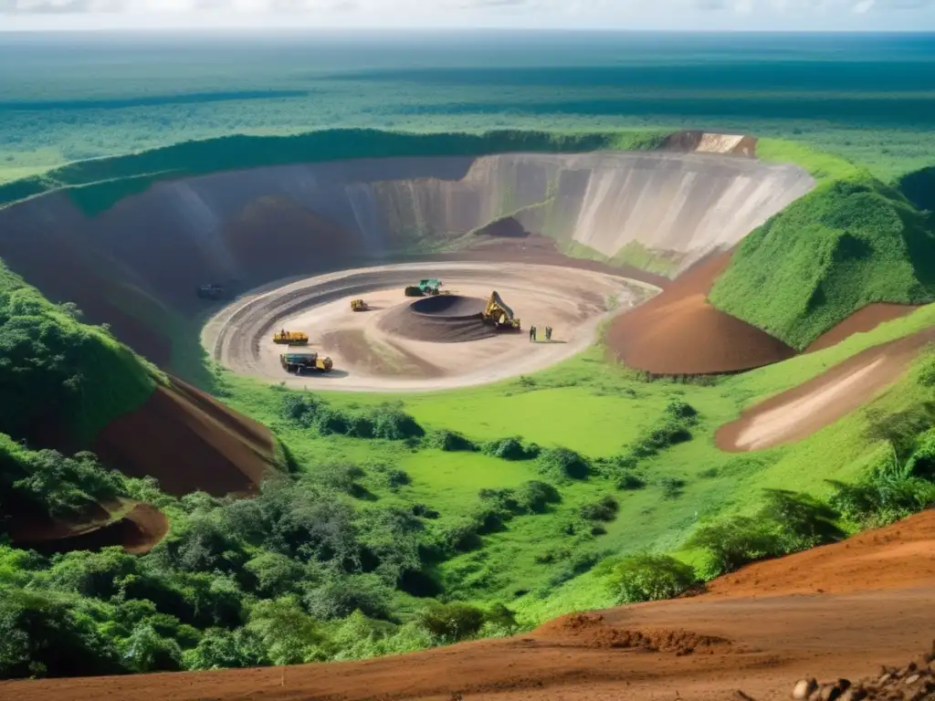 Impacto minería diamante en Guyana: paisaje vasto con mineros en una mina de diamantes, rodeada de selva verde y río serpenteante