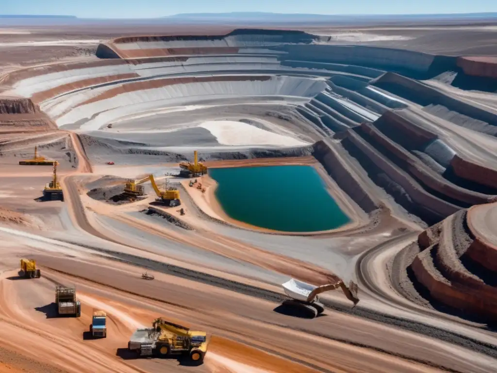 Tendencias actuales en minerales: Mina de litio en paisaje árido con maquinaria y trabajadores