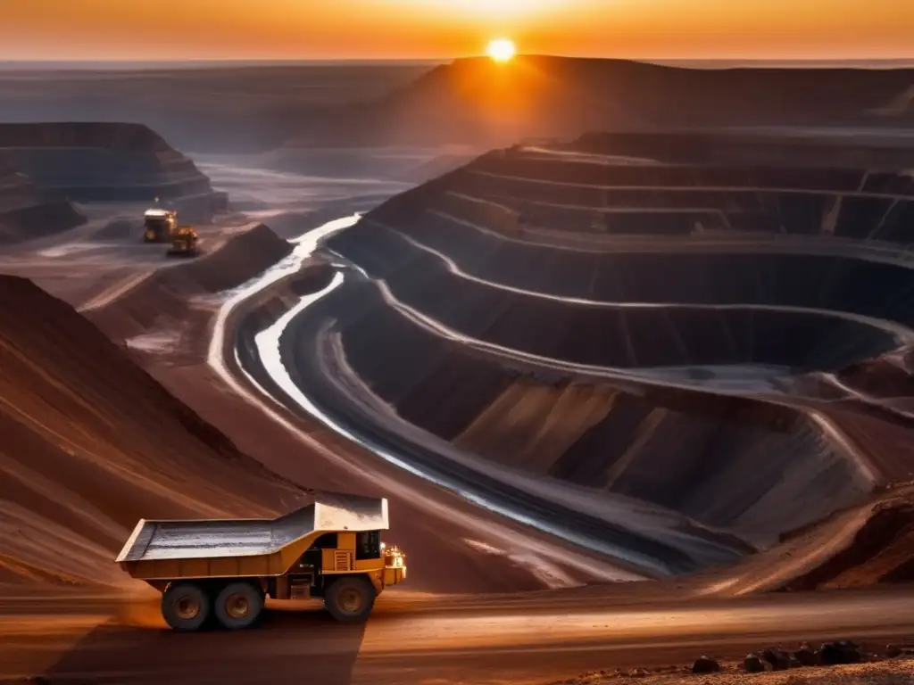 Importancia minerales críticos transición energética: Mina remota, trabajadores operando maquinaria, paisaje impresionante