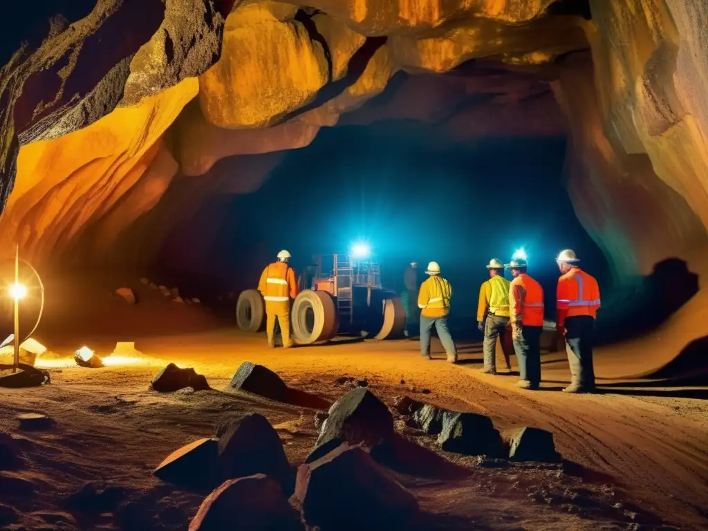 Minerales raros en la industria automotriz: mina subterránea con mineros, maquinaria pesada y colores vibrantes