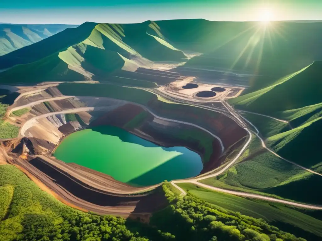 Vista aérea impactante mina a cielo abierto rodeada de montañas verdes