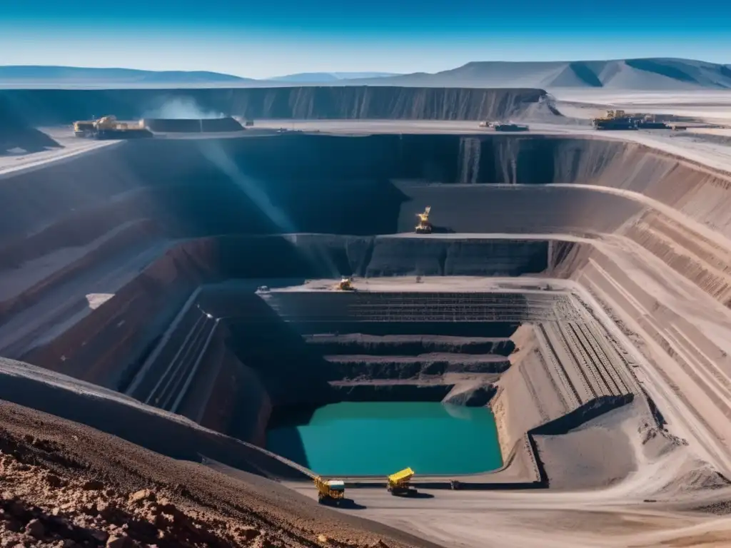 Gestión sostenible de la minería en Kazajstán: Mina de uranio rodeada de montañas y cielo azul, actividad minera y belleza natural