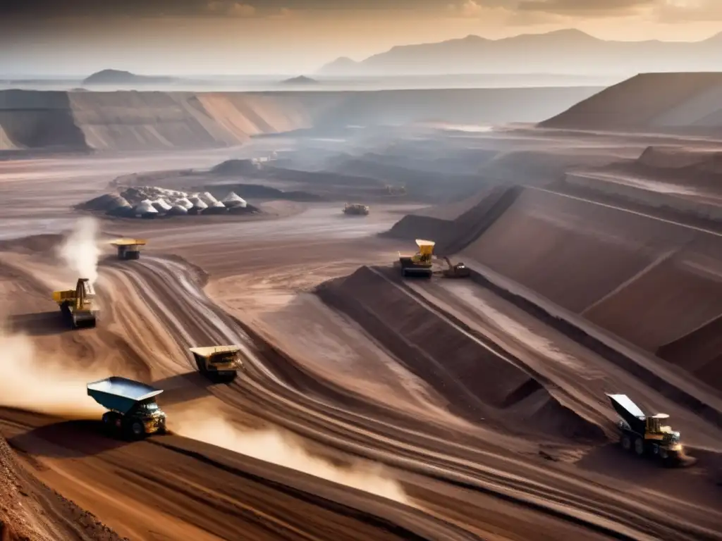 Consecuencias comercio minerales conflicto: paisaje desolado por extracción minera, maquinaria pesada, trabajadores en condiciones peligrosas