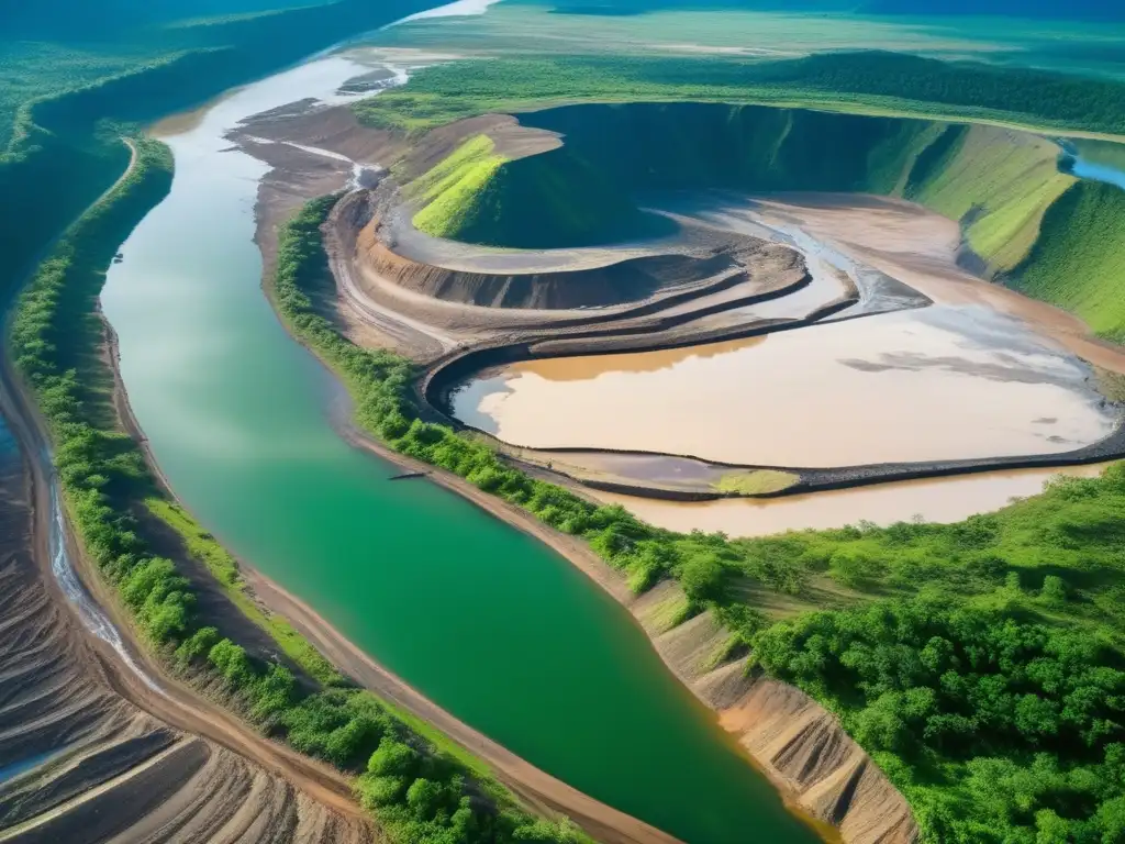 Impacto minería sostenible en clima: paisaje minero devastador, río contaminado, efectos ambientales y urgencia de acción