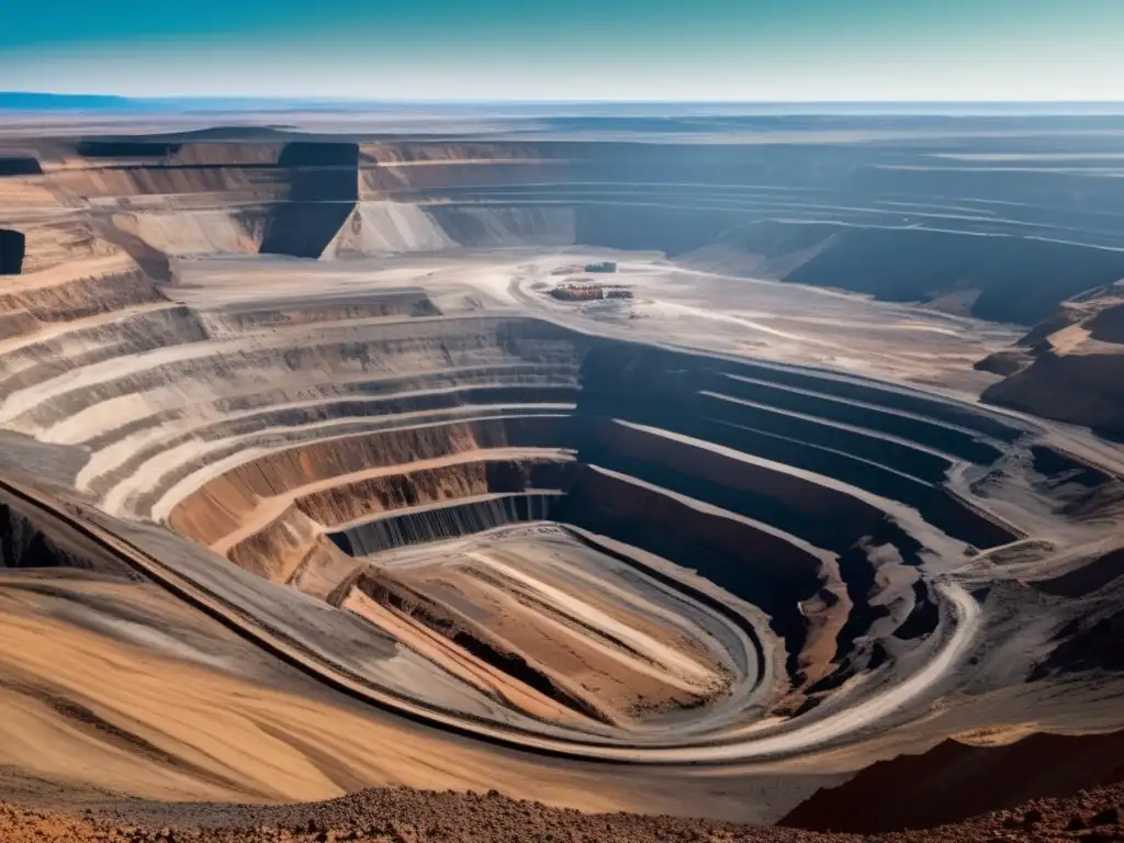 Impacto ambiental de la minería: paisaje desolado de una mina a cielo abierto con maquinaria excavadora y suelo erosionado