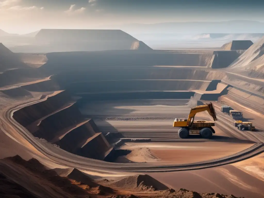 Tecnología para minería sostenible: Imagen detallada de una mina a cielo abierto con maquinaria pesada, contaminación y paisaje desolado