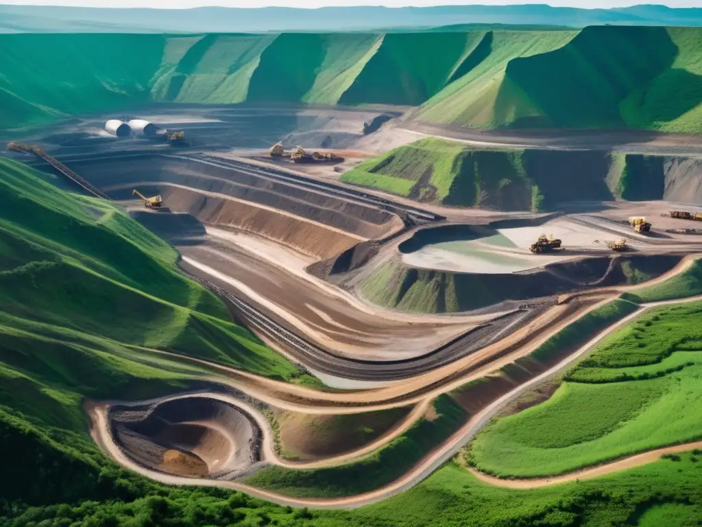 Técnicas sostenibles de conservación minera en una imagen impactante de una mina a cielo abierto rodeada de montañas verdes