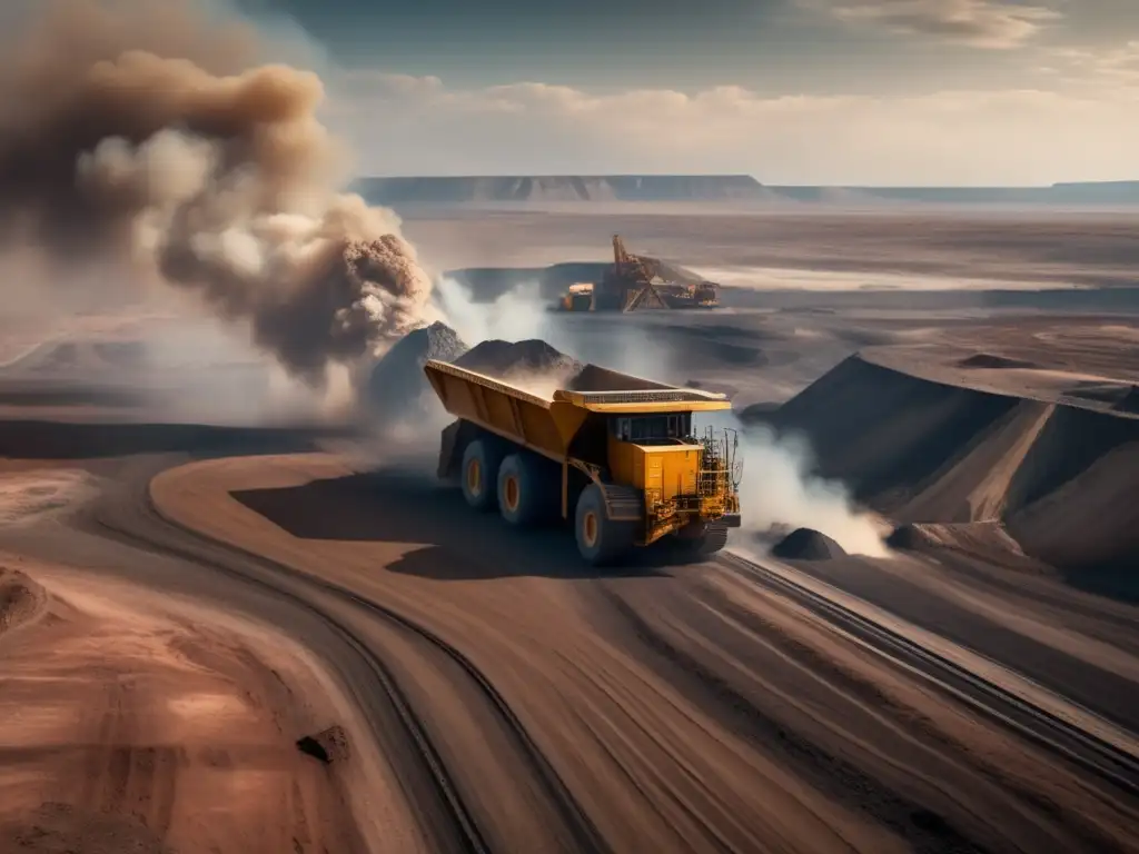 Impacto ambiental de la minería: devastadora imagen de una mina a cielo abierto, maquinaria gigante y paisajes desolados