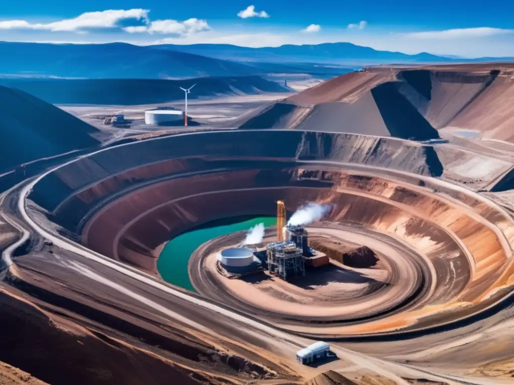 Mina de cobre sostenible en paisaje montañoso: harmonía entre naturaleza e industria, energías renovables, combatir cambio climático