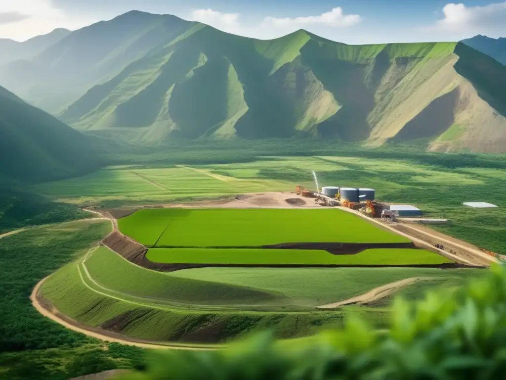 Paisaje verde con mina ecológica y sinergia desarrollo sostenible en minería