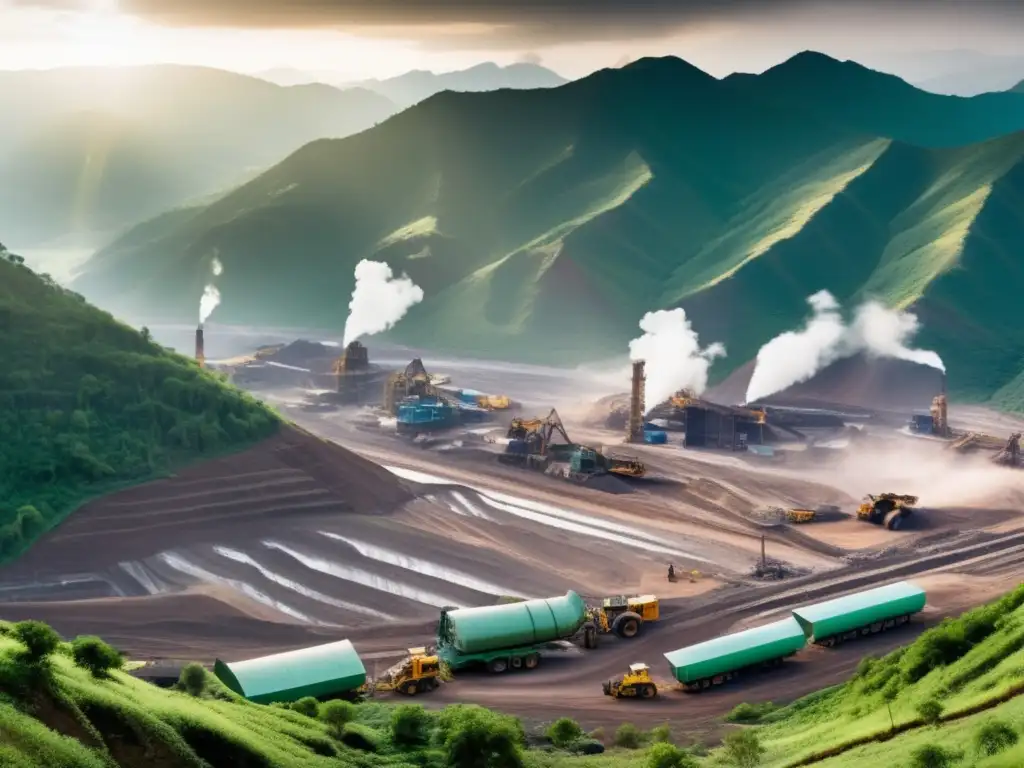 Problemas ambientales en la minería: vista panorámica de una mina rodeada de montañas verdes y maquinaria industrial, con trabajadores y contaminación