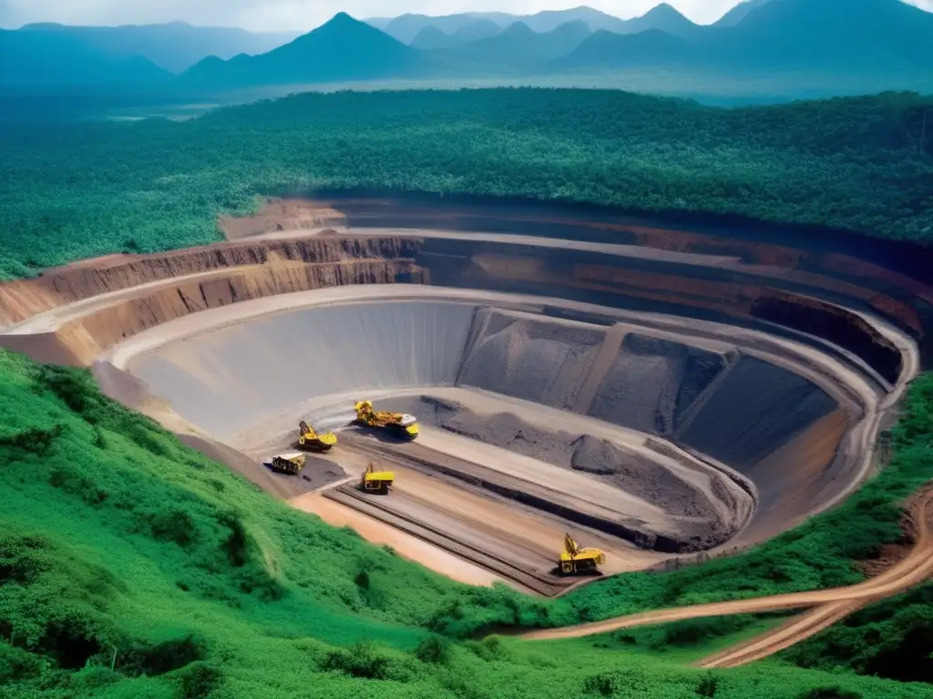 Impacto ambiental de la minería sostenible en una biodiversa y hermosa selva minada, con montañas, camiones y nubes