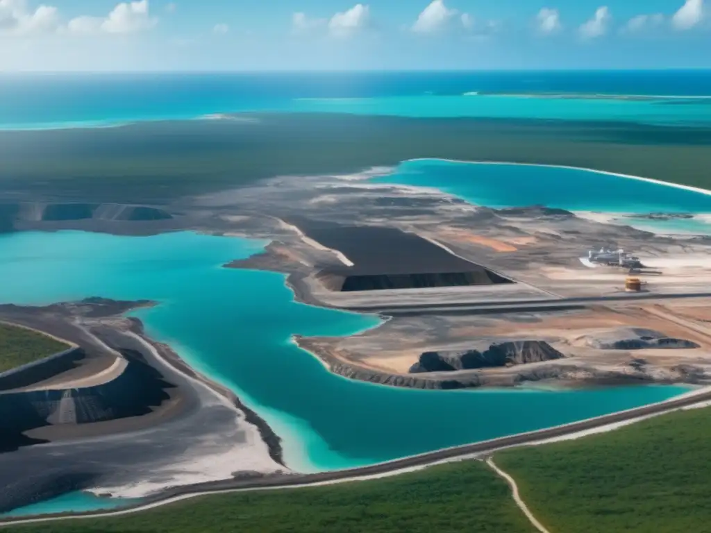 Conexión económica minería Bahamas: paisaje minero en Bahamas, maquinaria pesada, aguas turquesas del Caribe, naturaleza exuberante