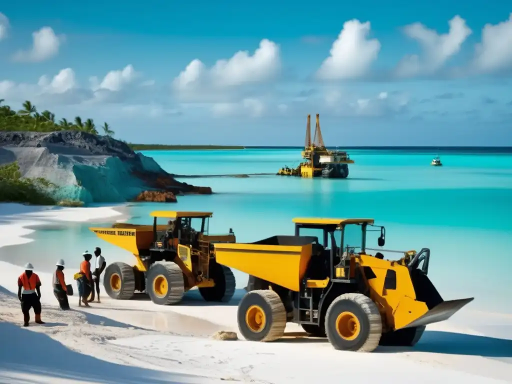 Conexión económica minería Bahamas: escena vibrante de mineros trabajando en un sitio minero rodeado de aguas turquesas y playas de arena blanca