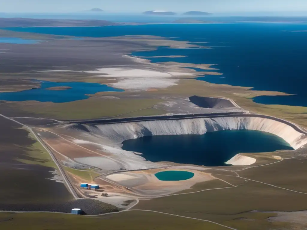 Impacto económico de la minería en las Islas Falkland: paisaje minero con camiones gigantes, trabajadores y belleza natural