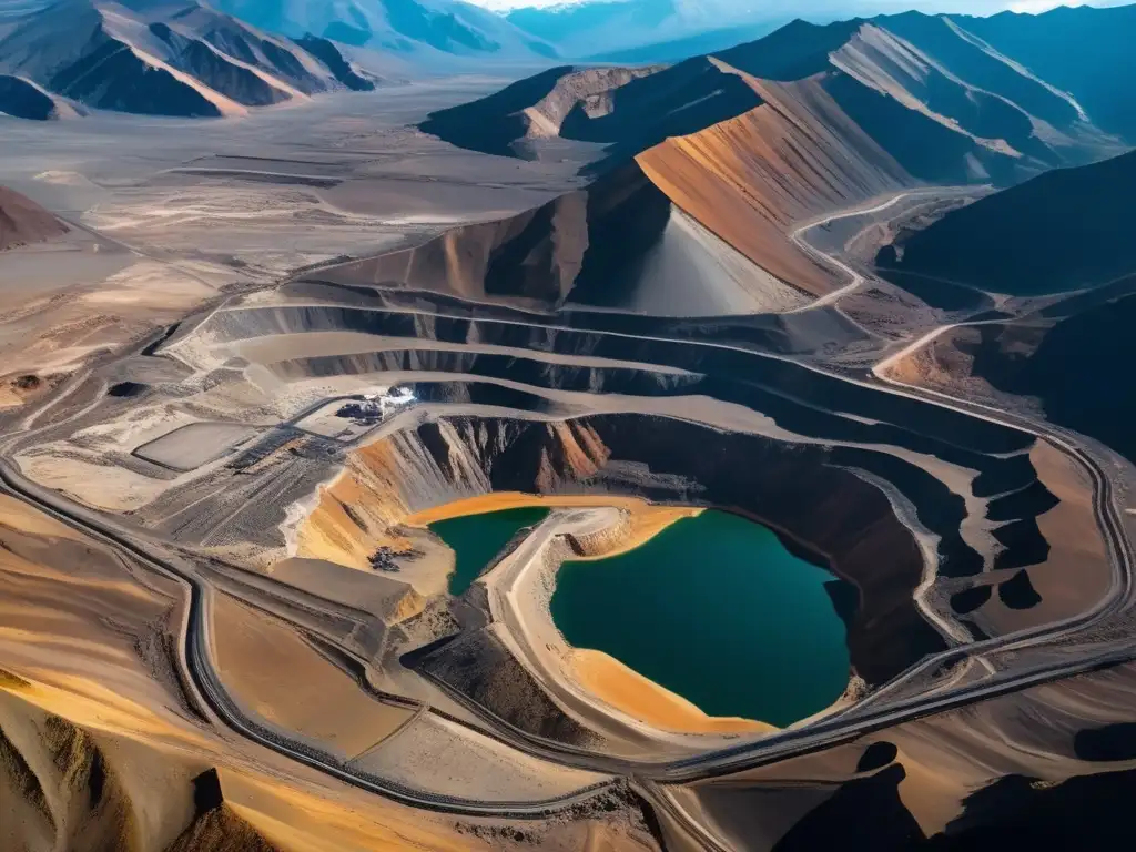 Beneficios de la minería sostenible en América: vista aérea de una imponente mina en los Andes, con camiones transportando minerales