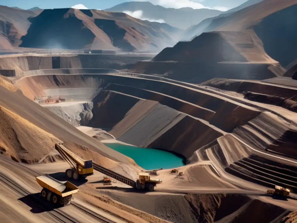 Iniciativas transparencia minería América: Mina gigante en los Andes, maquinaria imponente, contraste entre industria y naturaleza