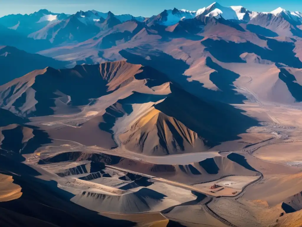 Impacto sostenible de la minería en los Andes: paisaje minero en las montañas, maquinaria, ríos y desafíos ambientales