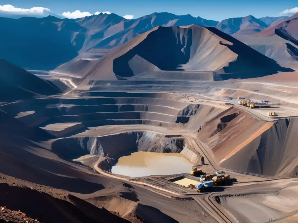 Mineria en los Andes: Vasta operacion minera en paisaje montañoso, con maquinaria gigante y terreno accidentado