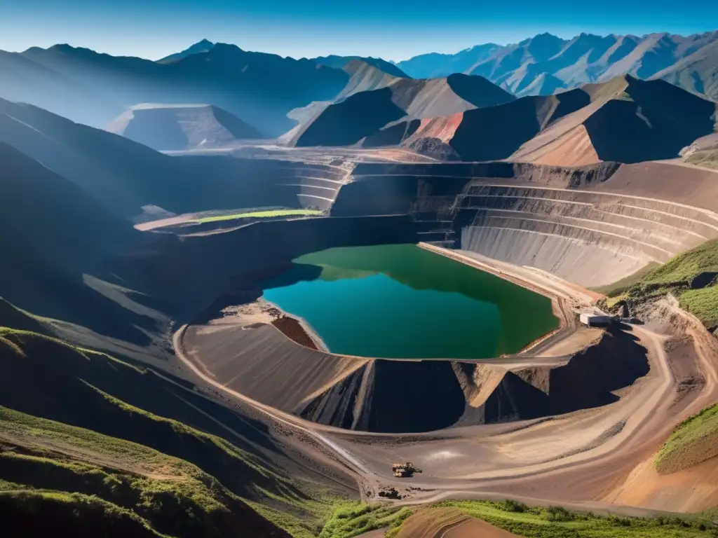 Minería sostenible en América: montaña andina, contraste entre belleza natural y actividad industrial, excavación profunda, maquinaria pesada