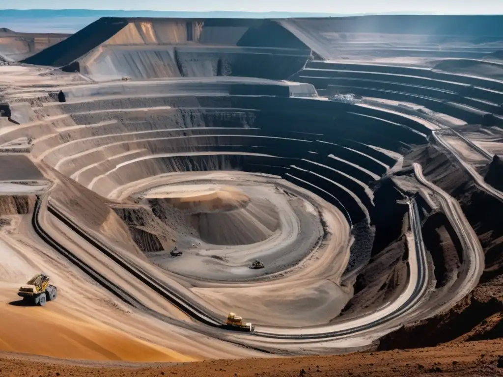 Impacto de la minería en los derechos humanos: mina abierta en montañas, maquinaria masiva, contraste paisaje devastedor y montañas vírgenes