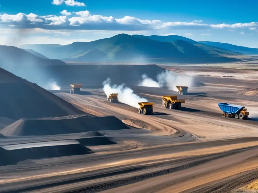 Beneficios de reciclaje en minería: Maquinaria pesada en mina rodeada de montañas, trabajadores operando con seguridad