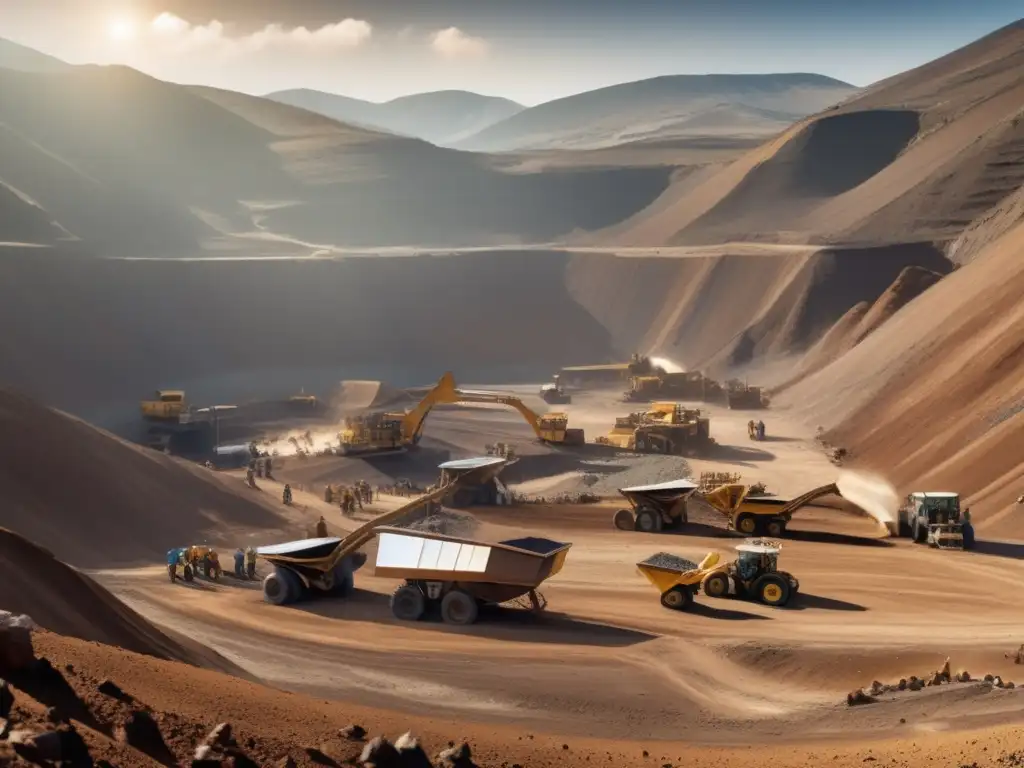 Técnicas sostenibles en minería de Bronce: Panorama minero con mineros en actividad y montañas al fondo