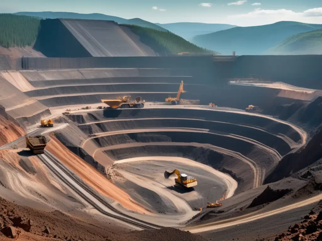 Impacto de la minería en recursos naturales, mina abierta rodeada de montañas y bosques, trabajadores, camiones y belleza natural