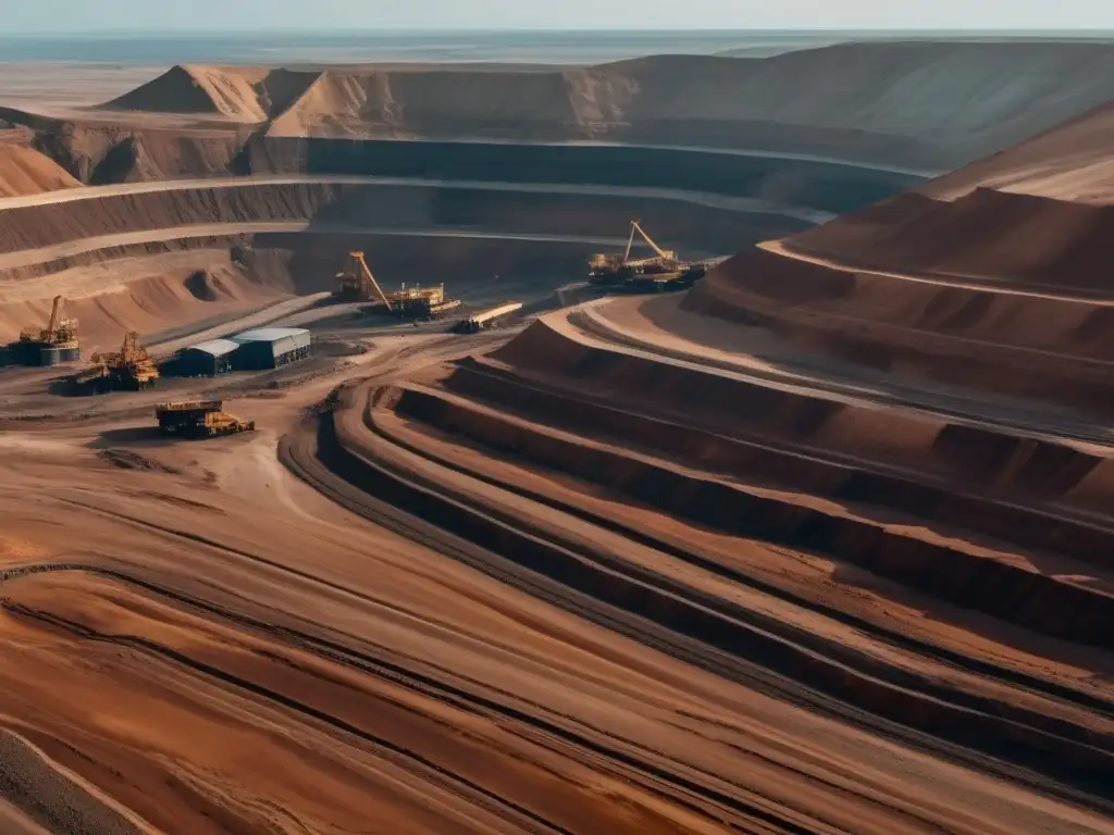 Gestión sostenible de la minería en Kazajstán: Mina a cielo abierto en paisaje rugoso con maquinaria y trabajadores