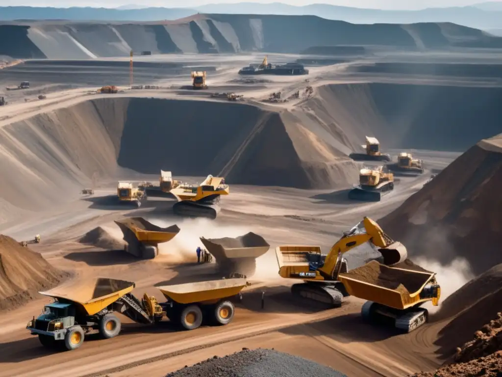 Promoción ética en minería sostenible en paisaje minero con vehículos y trabajadores