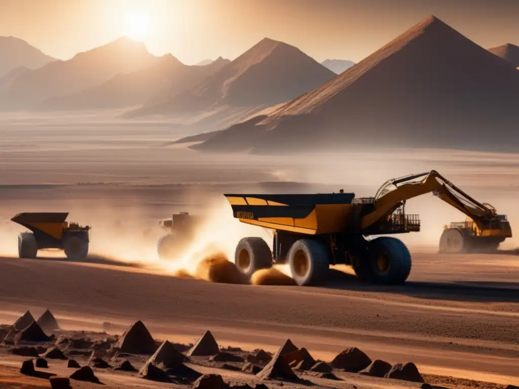 Tecnología verde y minerales esenciales en paisaje desértico con montañas y actividad minera