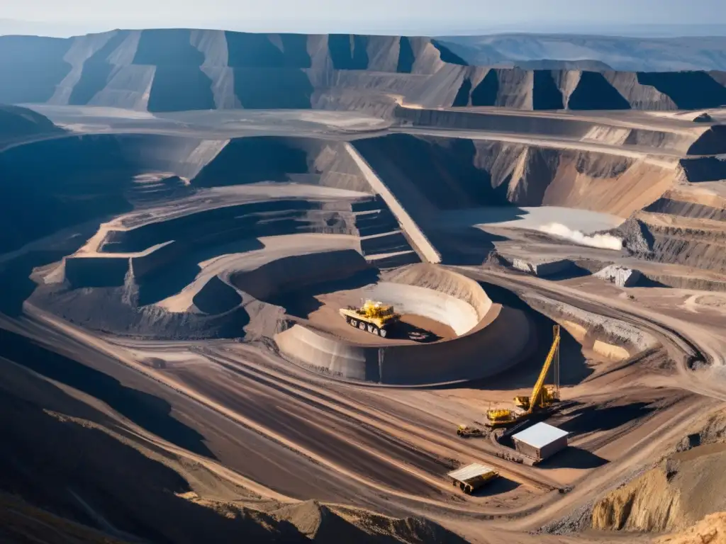 Minería sostenible en América: imponente mina a cielo abierto en paisaje montañoso, destaca la escala, maquinaria y contraste con el entorno