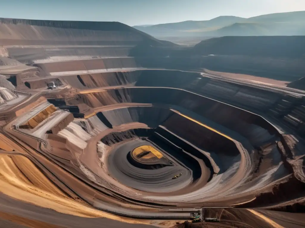 Técnicas sostenibles en minería: impresionante mina a cielo abierto rodeada de montañas, maquinaria gigante, mineros trabajando y paisaje impactante