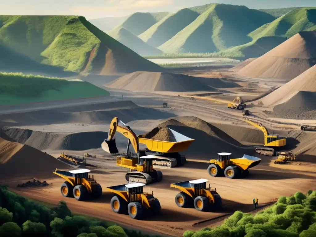 Juxtaposición de industria y naturaleza Herramientas de exploración sostenibles en minería en paisaje natural minero con maquinaria pesada y trabajadores