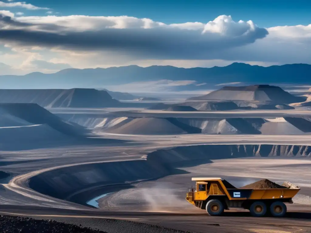 Impacto minería: paisaje vasto, montañas, mina a cielo abierto, camiones gigantes, tierra expuesta, colores, actividad, contraste verde, fertilidad