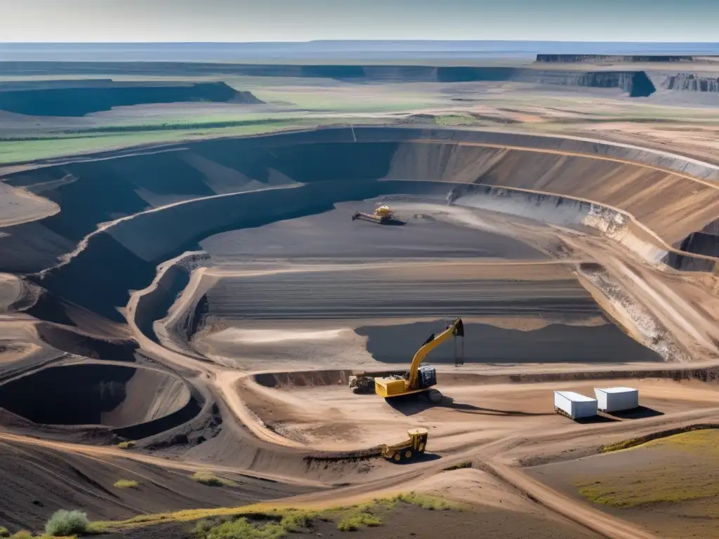 Minimización costos financieros minería: paisaje remoto con mina a cielo abierto, maquinaria pesada, degradación ambiental y contaminantes