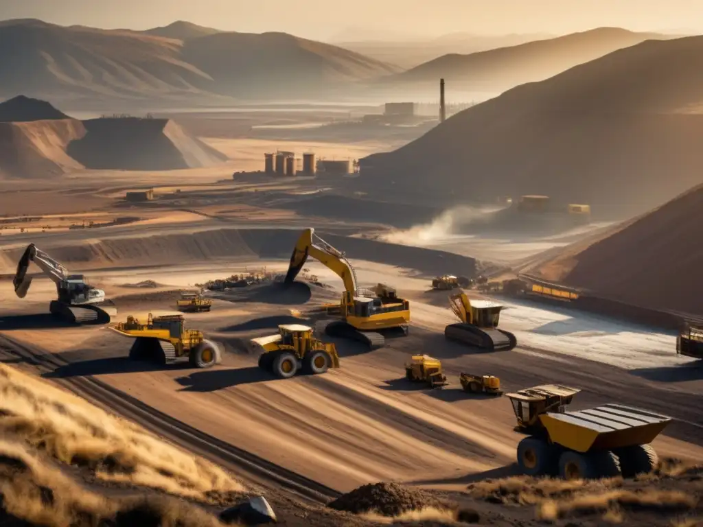 Amenaza minerales conflicto sostenibilidad global: paisaje minero con maquinaria y trabajadores en labor intensa y preocupante