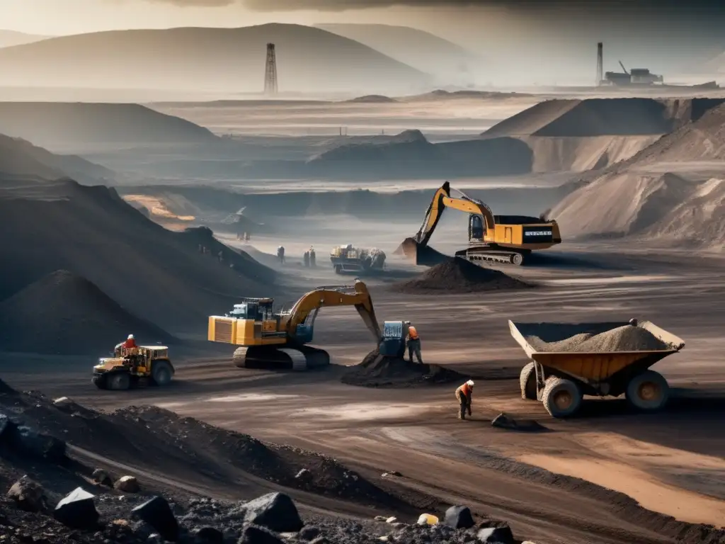 Gestión sostenible de minerales de conflicto: paisaje minero devastado, trabajadores agotados y entorno desolado