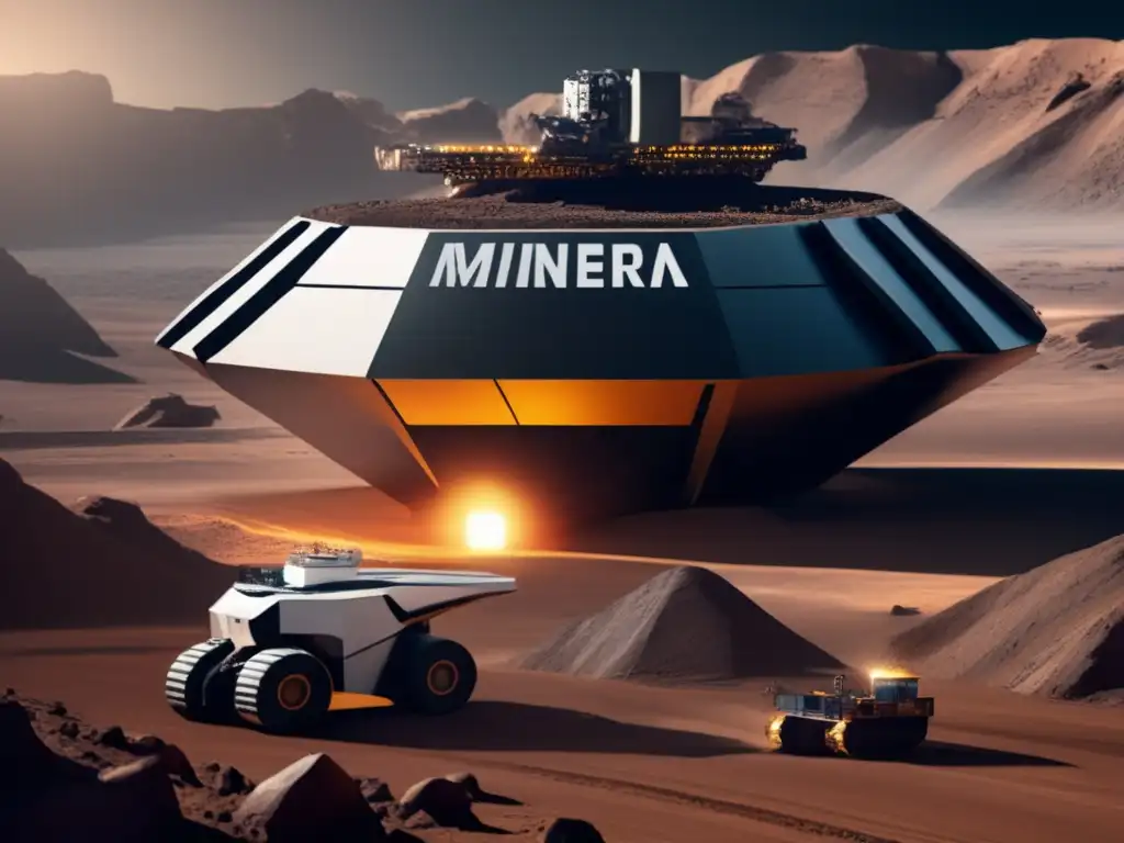 Minería Espacial: Desafíos derechos mineros internacionales, imagen detallada de operación futurista de extracción de recursos espaciales