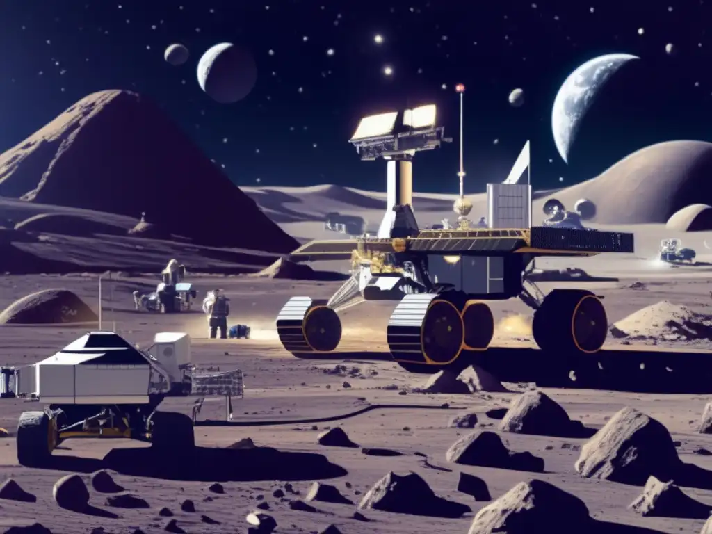 Escena de minería espacial sostenible: robots extraen recursos en la luna mientras naves orbitan (110 caracteres)